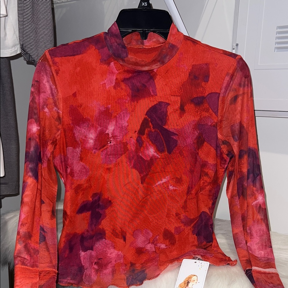 Women’s Floral Mock Neck Long Sleeve Top - Red